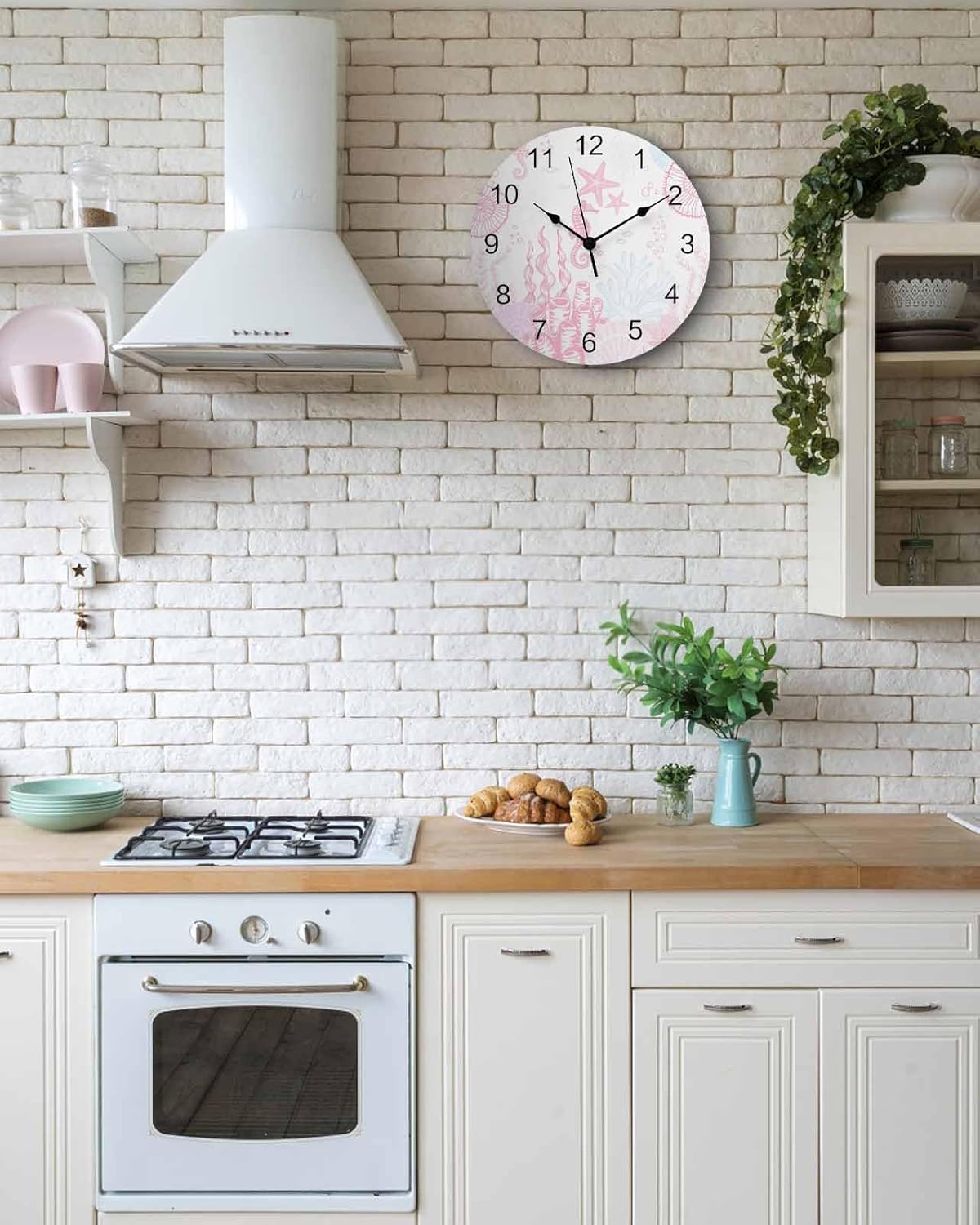 Wall Clock Pink Coral Clocks PVC Silent Non-Ticking Battery Operated Decorative Starfish Seahorse Seahorse Shell Round Clock for Home Living Room Kitchen Bedroom Office School Wall Decor 10 Inch