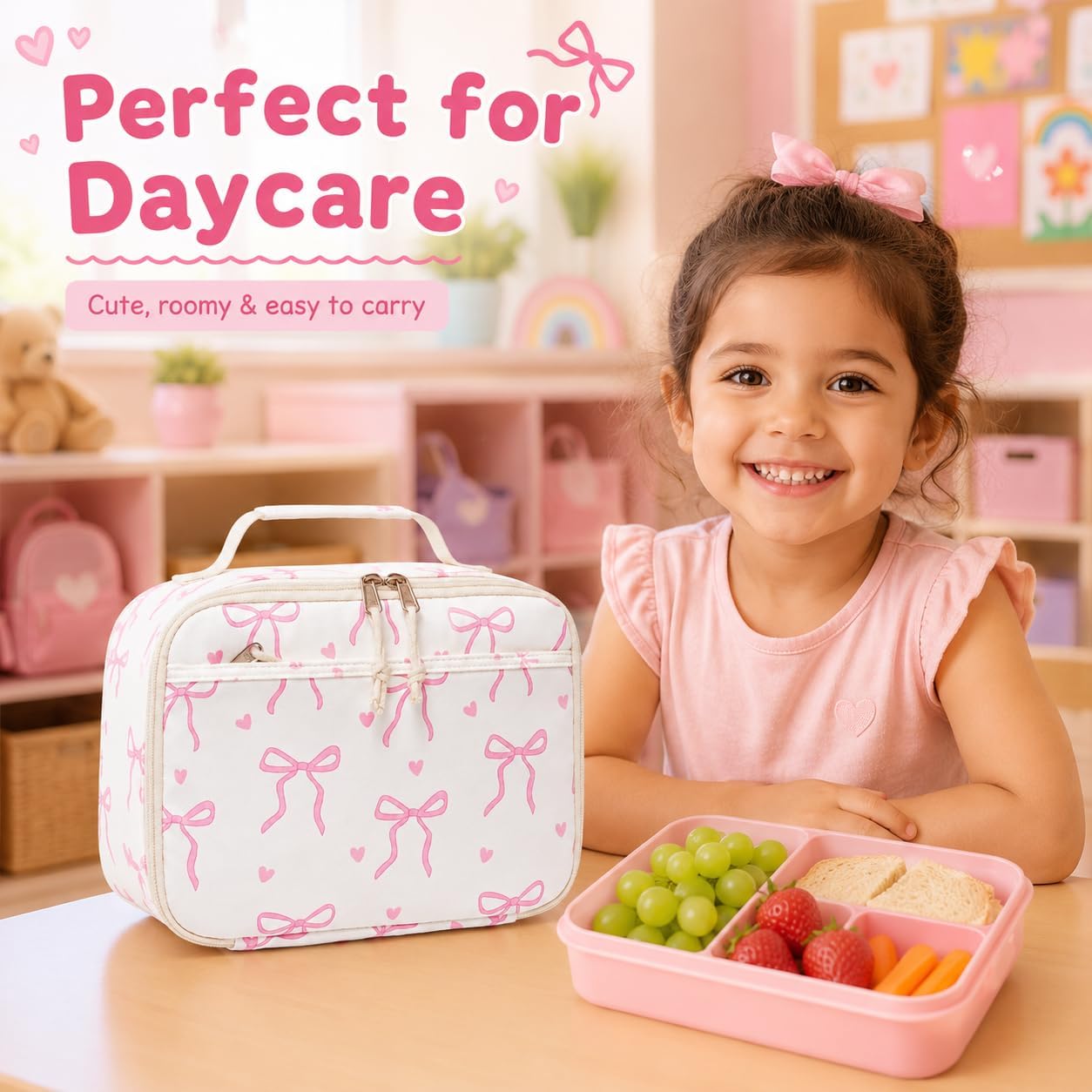 LOIDOU Insulated Lunch Bag for Kids Girls, Cute Bow Insulated Lunch Box Bag for Toddler, Womens Small Lunch Tote, Lunch Box Containers for School Work Picnic, Pink