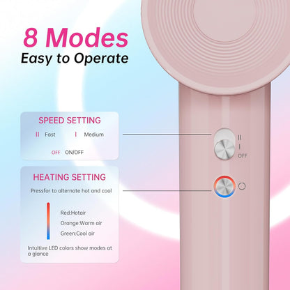 Ionic Hair Dryer, 110000 RPM High-Speed BLDC Motor, Fast Drying Blow Dryer with Negative Ion Technology, 8 Heat & Speed Modes for Curly Thick & Fine Hair, Low Noise Lightweight, Baby Pink