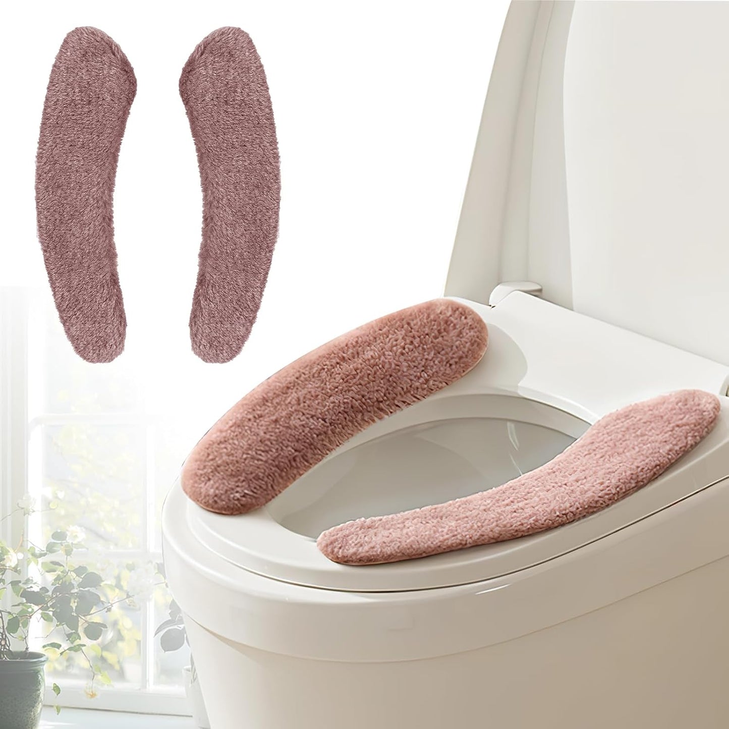 Plush Toilet Seat Cover Pads - Washable Warm Cushion, Soft Bathroom Warmer Mat - Universal Self Adhesive Design (Pink)