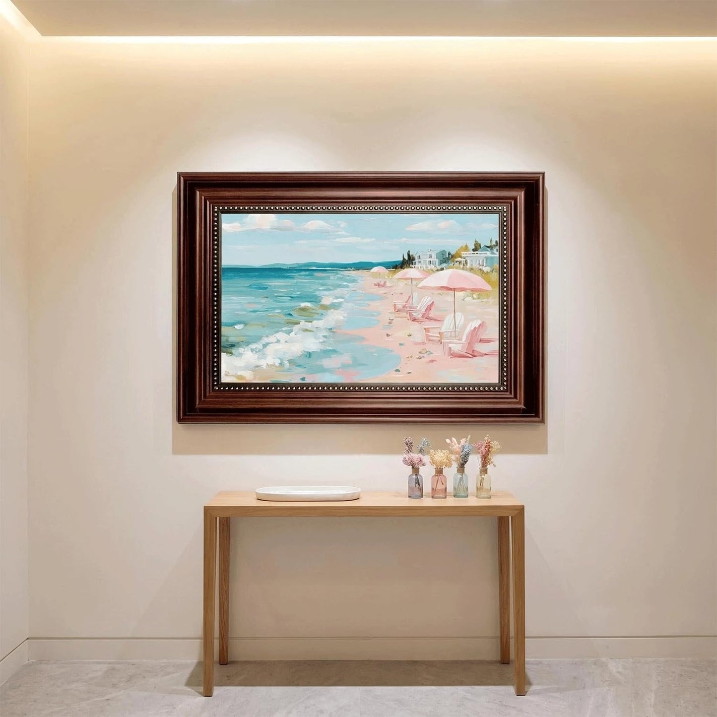 Framed Pastel Coastal Canvas Wall Art Pink Beach Umbrella Painting Picture Wall Decor Tropical Beach Scene Poster Print Artwork for Preppy Living Bedroom Bathroom Home Decoration 9x11 in