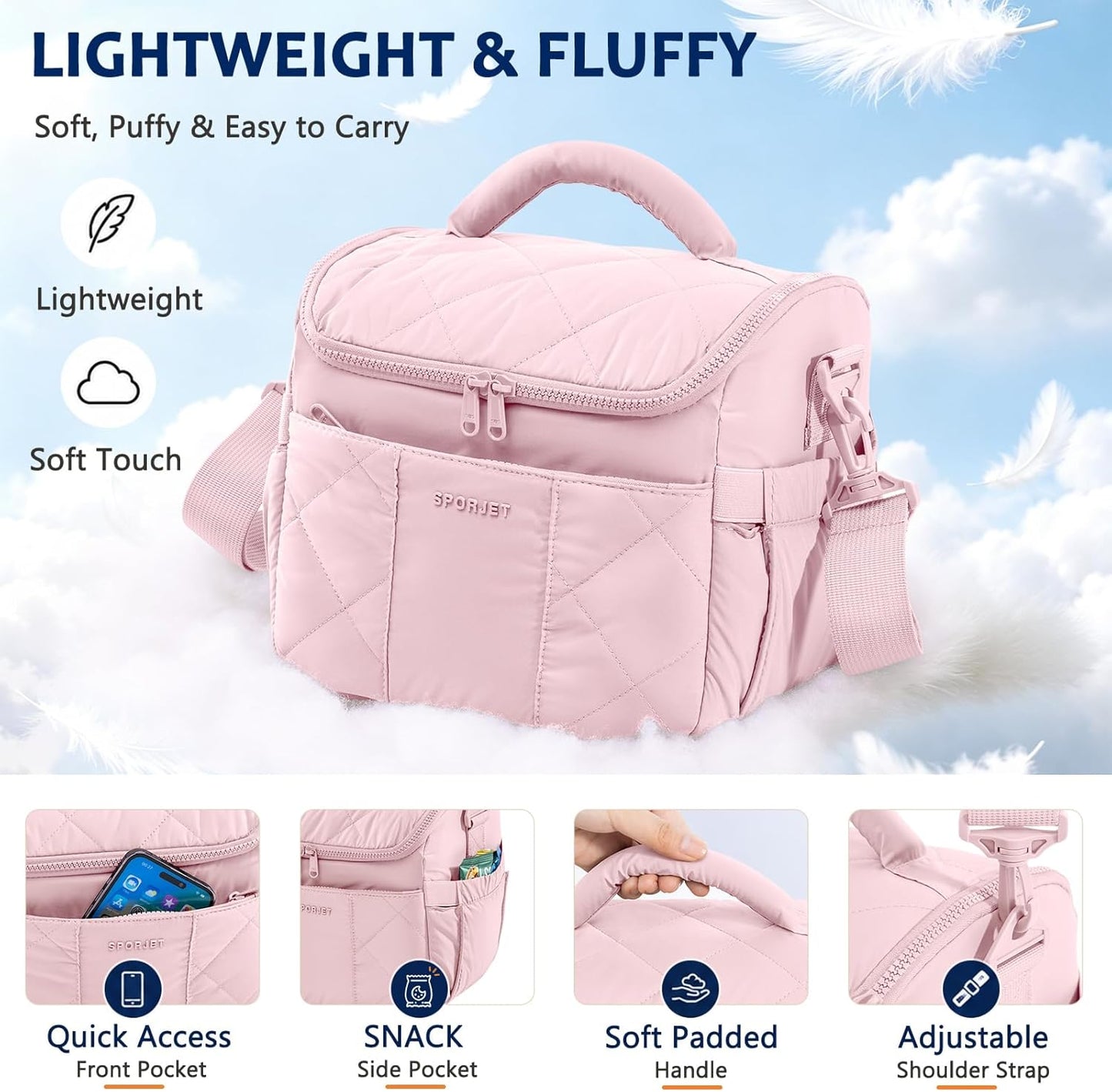 Insulated Lunch Bag for Women, Quilted Lunch Tote Bag with Shoulder Strap, Leakproof Soft Lunch Box, Reusable Lunch Cooler Bag for Work Office Picnic Travel, Large Capacity