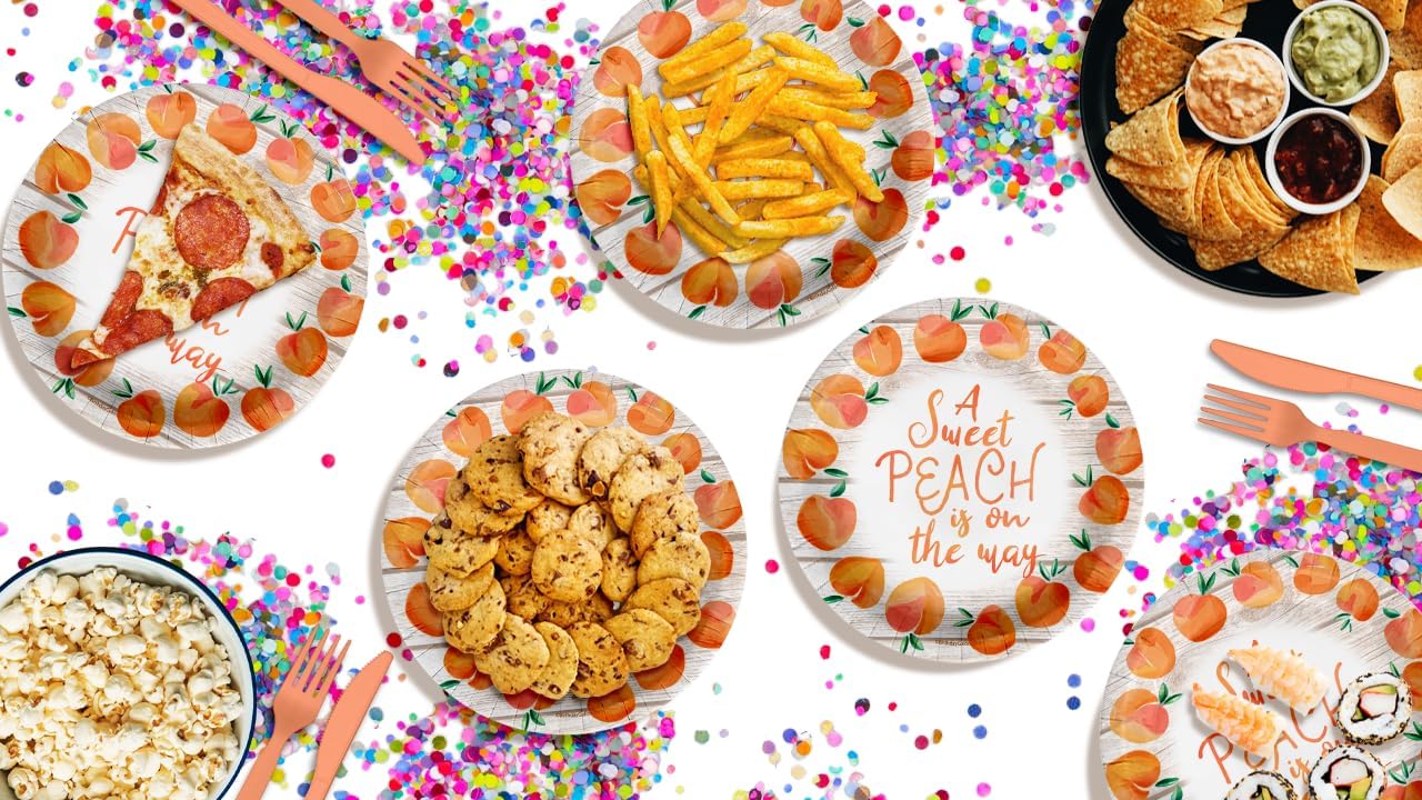 Birthday Galore Sweet Peach on the Way Gender Reveal Baby Shower – 32 Pieces Large 9" Round Disposable Paper Plates – Ideal for Vibrant, Bright Themes, Celebrations, Party Decorations & Special Events