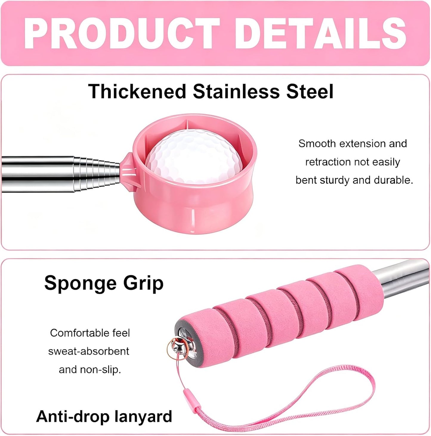 Golf Ball Retriever Telescopic, 9Ft Golf Ball Retriever for Water, Professiona Stainless Steel Ball Retriever Tool Golf, Light Weight Double Sided Golf Ball Grabber, Golf Accessories Gifts