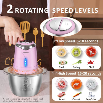 Food Processor Cordless Meat Garlic Chopper with 5 Cup Stainless Steel Bowl, 6000mAh USB Rechargeable Electric Vegetable Chopper BPA-free Baby Food Processor Blender Mini Kitchen Mixer, 4 Blades(Pink)