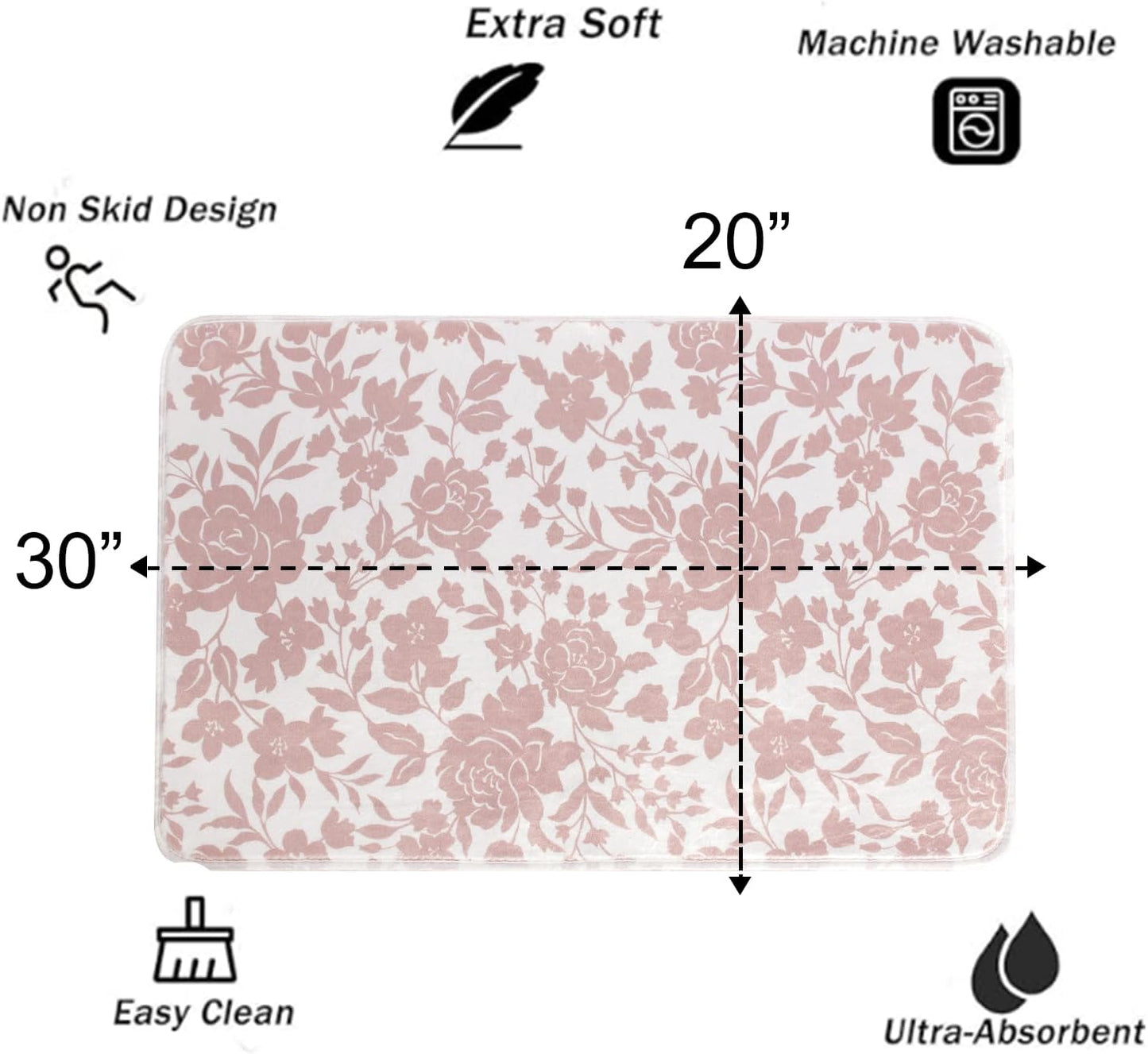 Pink Floral Mat for Bathroom Non Slip, Mauve Rose Fluffy Absorbent Microfiber Bath mat Washable, Aesthetic Bathroom Rugs, Cute Bath mat for Shower Sink, 20" x 30"