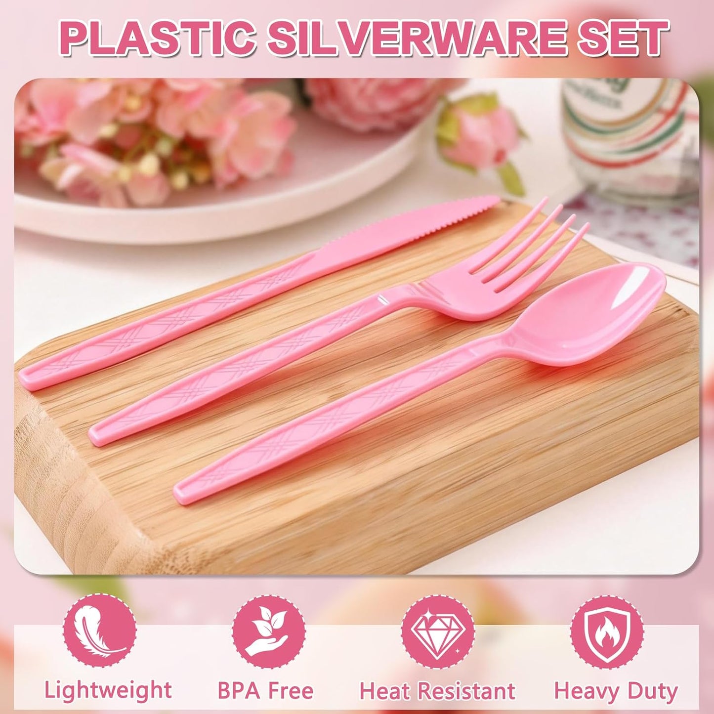 360-Pack Plastic Pink Silverware Set, Disposable Cutlery Set, Plastic Forks and Spoons Knives Utensils Set (120 Each) for Valentine's Day, Baby Shower, Bridal Shower, Princess Party, Easter
