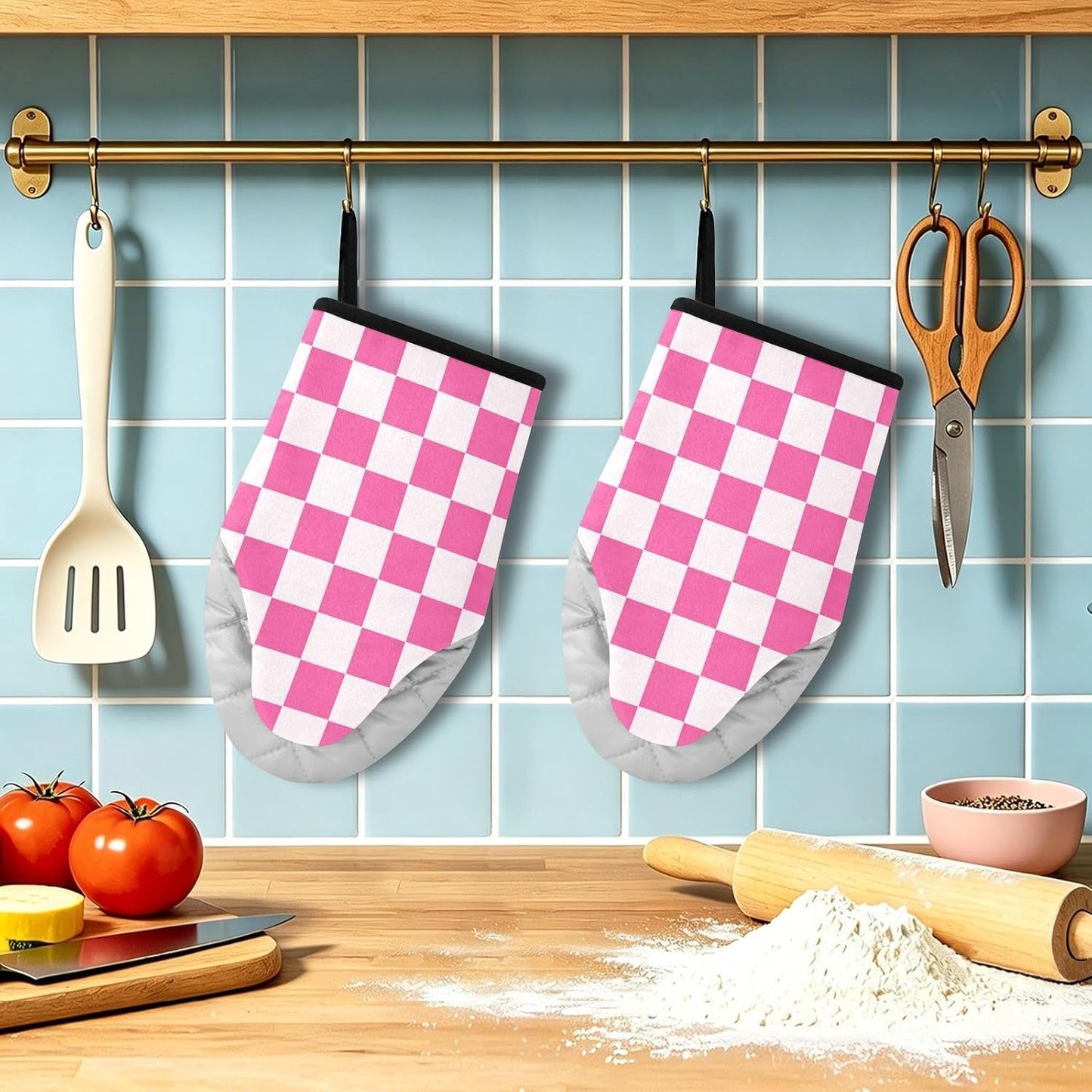 Oven Mitt 2 Pack Set White and Pink Checkered Plaid Kitchen Mitts Gloves for for Cooking Baking Grilling
