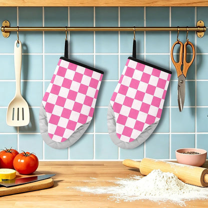 Oven Mitt 2 Pack Set White and Pink Checkered Plaid Kitchen Mitts Gloves for for Cooking Baking Grilling