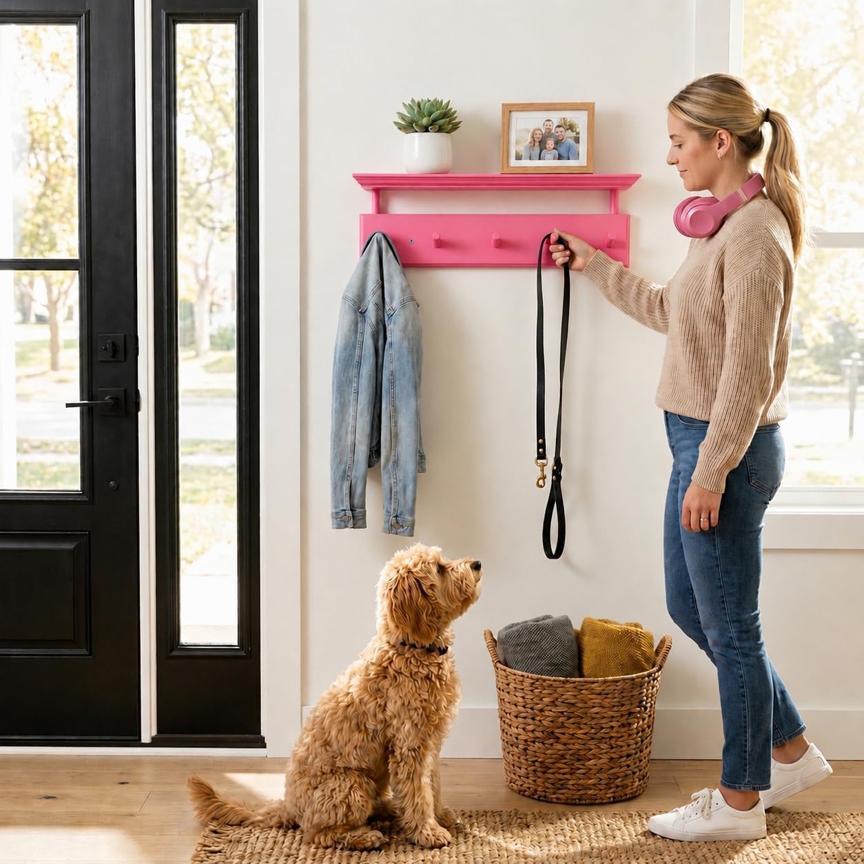 Matías Coat Rack Wall Mount with Shelf, 18 Inch Solid Wood Peg Rail, Wall Mounted Coat Rack with 5 Hooks, Wall Mount Shelf for Entryway, Bathroom or Bedroom (Pink)
