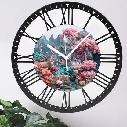 Metal Wall Clock for Living Room -10" Deer Among Pink Trees Coral Stream Silent Non Ticking,Battery Operated, Antique Clocks for Farmhouse,Bedroom,Kitchen - Rome Numerals