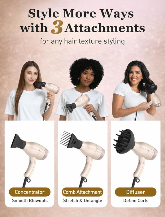 TOME Hair Dryer, Blow Dryer Ionic Cool Shot Curly Hair with Diffuser,1875W Fast Drying Blow Dryer with Ceramic Technology, 3 Attachments for All Hair Types, Light and Quiet, Pink