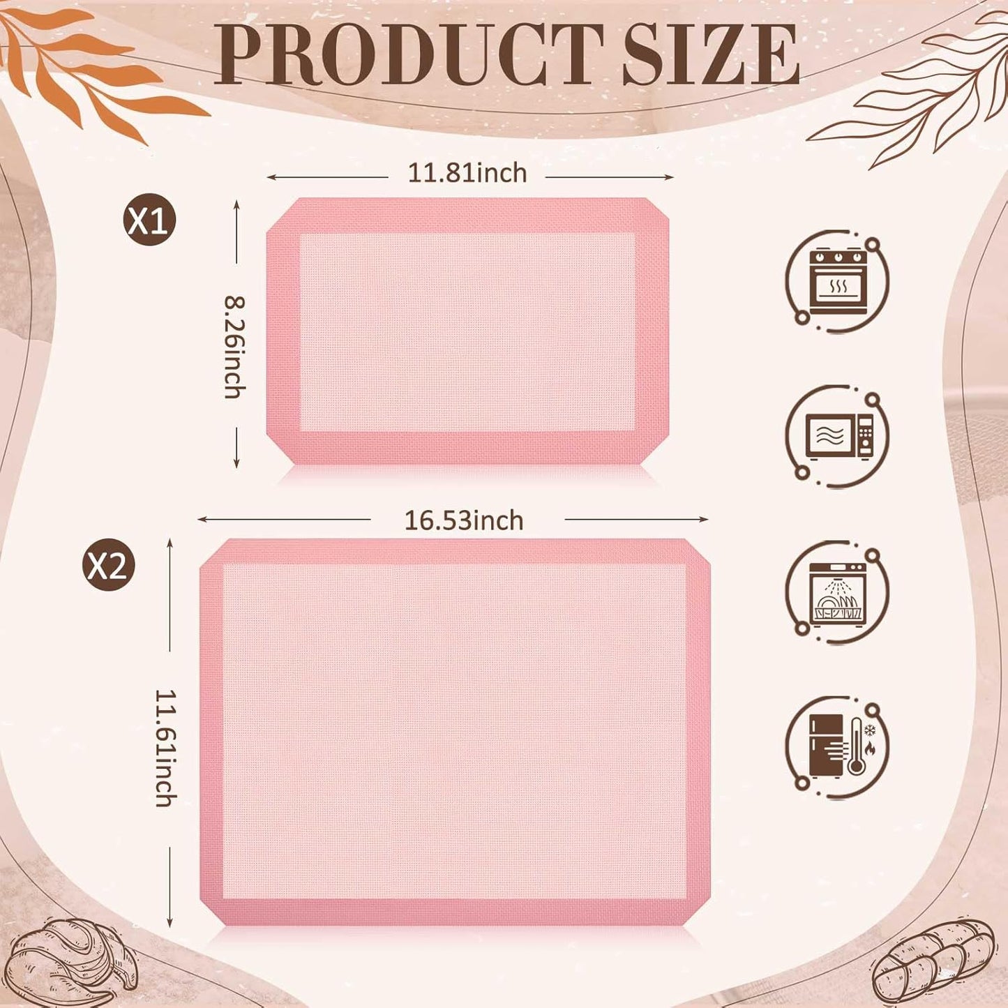 3 Pack Perforated Silicone Baking Mat, Non Stick Pink Baking Mats 2 Half Sheets 16.5"x11.6" & 1 Quarter Sheet, Food Reusable Safe Oven Liners Mats for Making Cookies, Macaroons, Bread