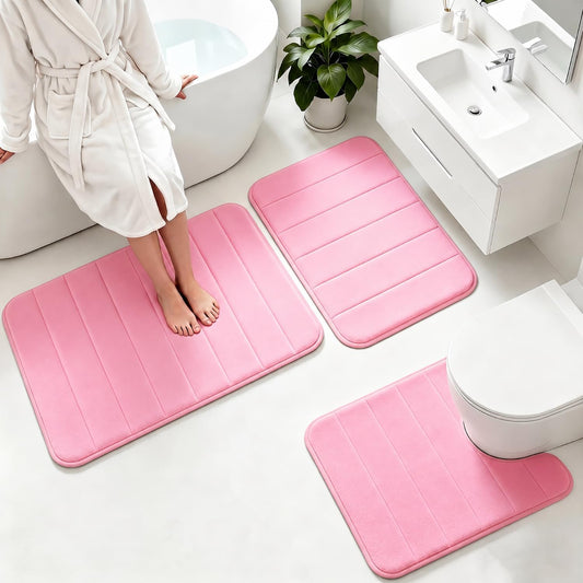 Memory Foam Bath Mat Set 3 Piece，Super Soft Absorbent Bathroom Rug Non Slip, Quick Dry,Machine Wash, Perfect Plush Bathroom Rugs,Home Decor Accessories,Pink