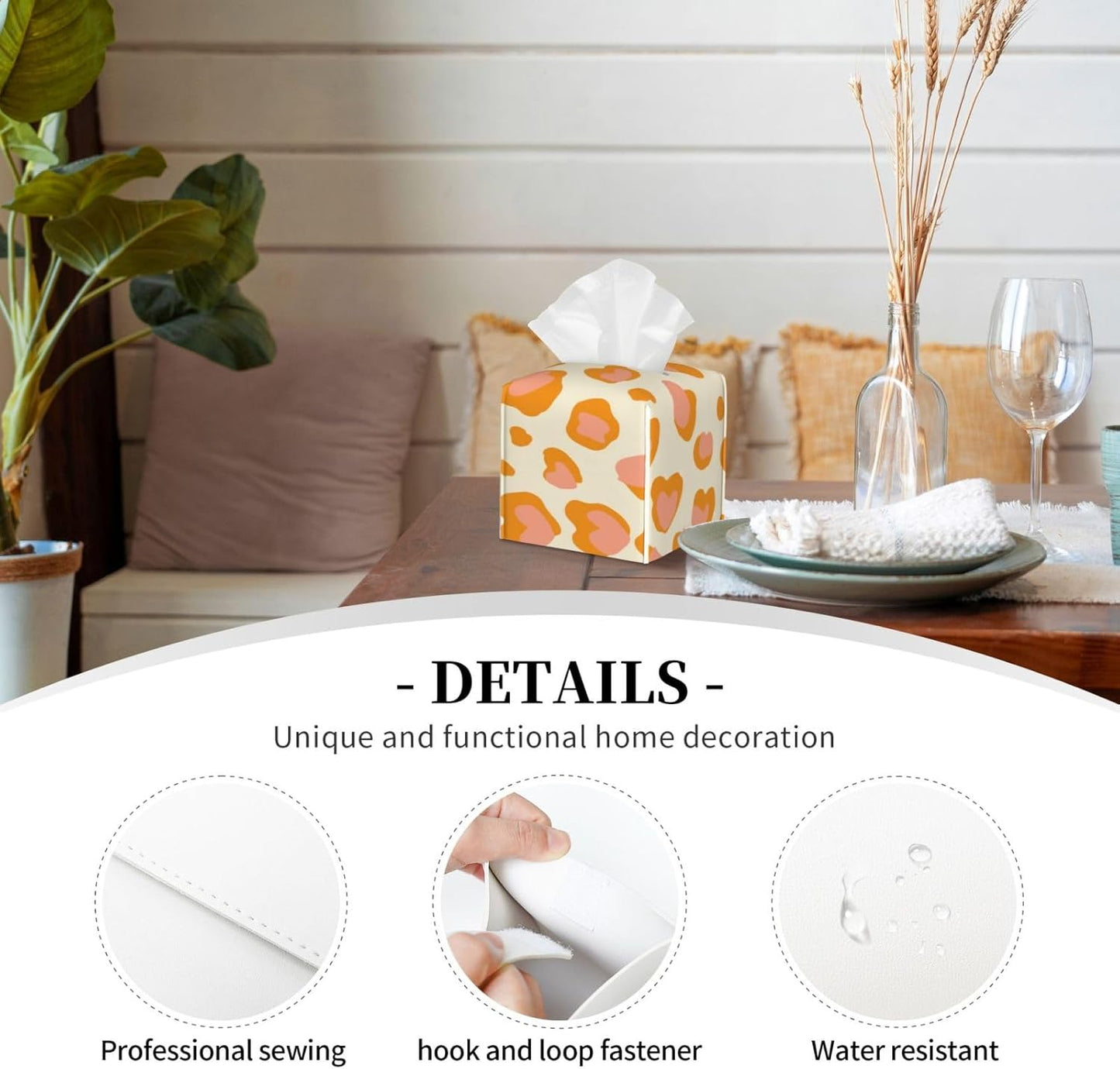 Peach Orange Spots Pink Leopard Pattern Tissue Box Cover Square Pu Leather Waterproof Tissue Box Holder for Car Bathroom Bedroom Office Tabletop Decor