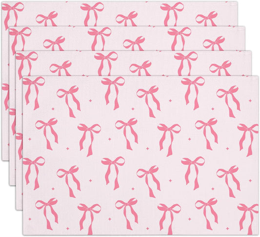 Pink Bow Cotton Linen Placemats Set of 4, 12x18 Table Mat for Family Dinners Wedding Parties Restaurant Kitchen Decoration, Waterproof Washable Heat Resistant Place Mats -a11