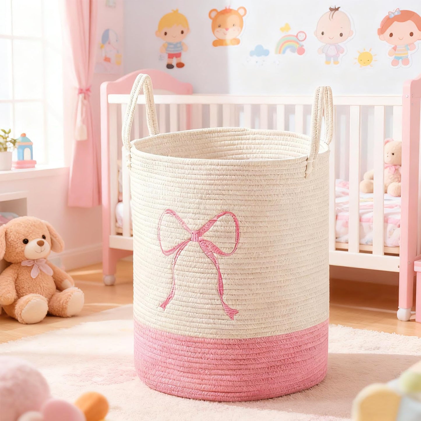 Pink Laundry Basket with Bow, Coquette Bow Laundry Basket - Tall Cotton Rope Nursery Storage Bin, Large Organizer for Blankets, for Kids, Toys & Clothes for Bedroom & Bathroom (Round-50L)