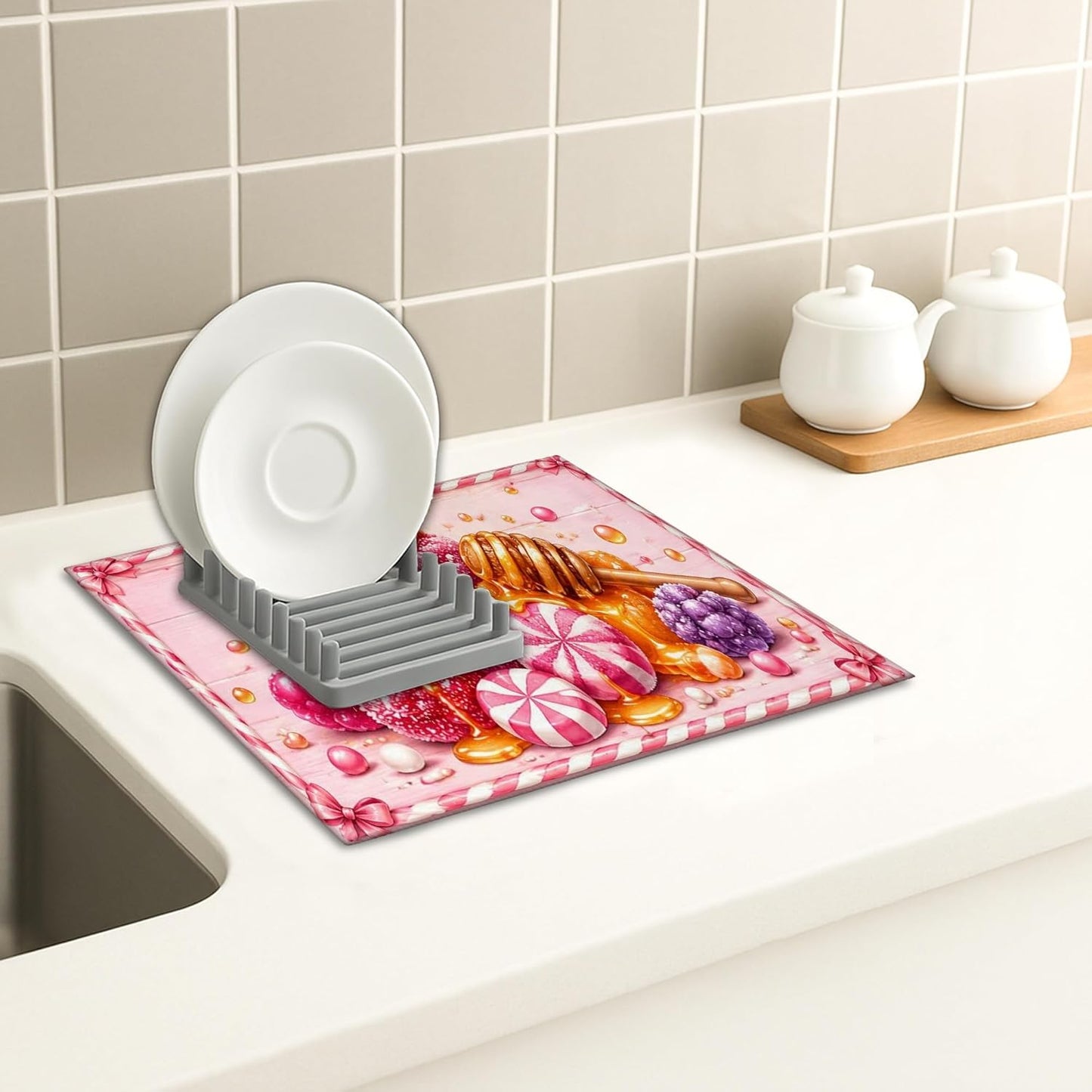 Candy Dish Drying Mats for Kitchen Counter, Peach Sweet Treats Absorbent Dish Drainer Rack Mat, Fun Playful Microfiber Drying Pad for Coffee Bar 16x18 Inch