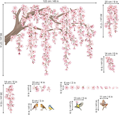 decalmile Large Pink Flower Tree Branch Wall Decals Cherry Blossom Tree Floral Birds Wall Stickers Living Room Bedroom Tv Background Wall Decor