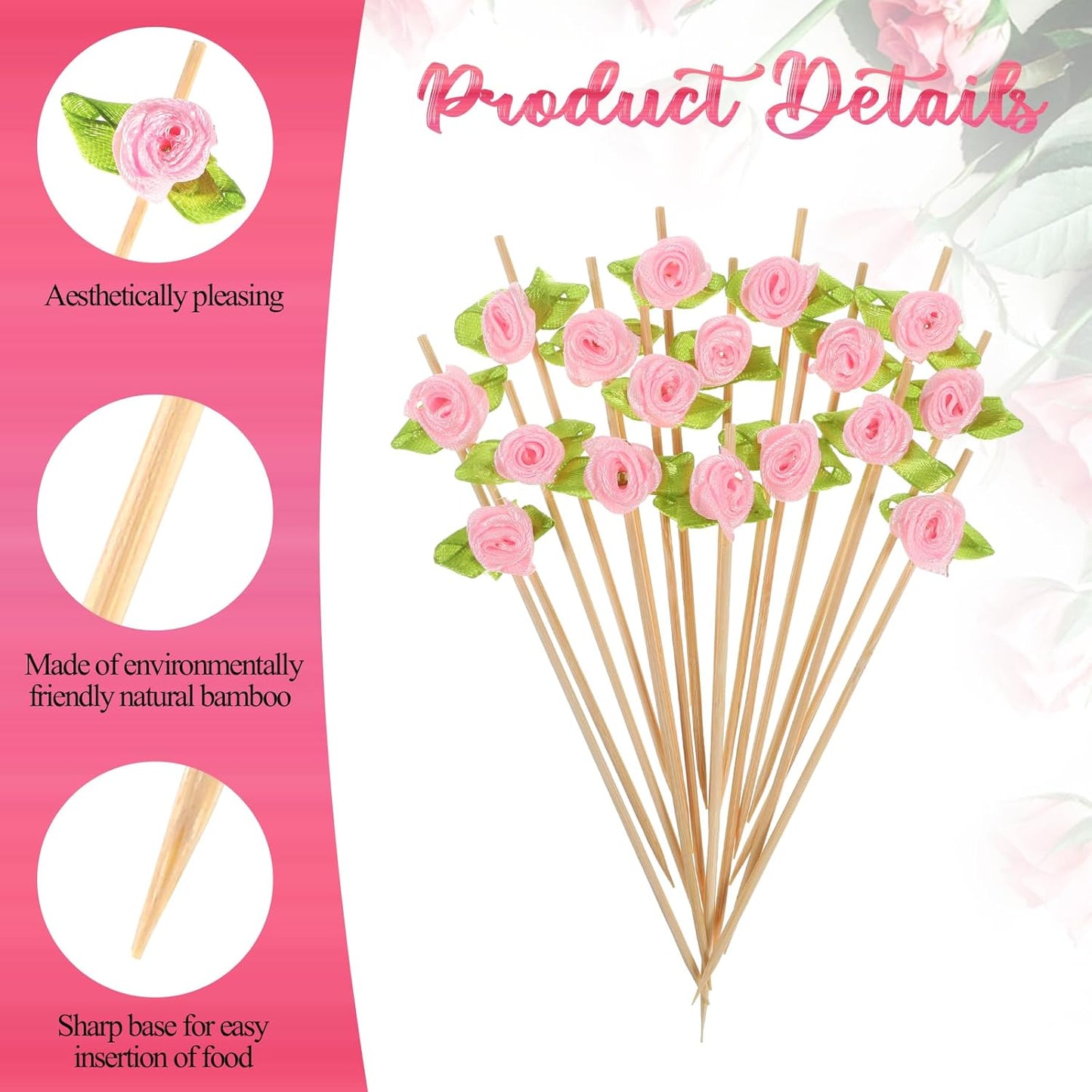 100 Pcs Pink Rose Flower Cocktail Picks, Pink Flower 4.7 Inch Drink Picks Appetizer Skewers, Cocktail Pick Fruit Skewers for Wedding Valentine Holiday Party Decoration
