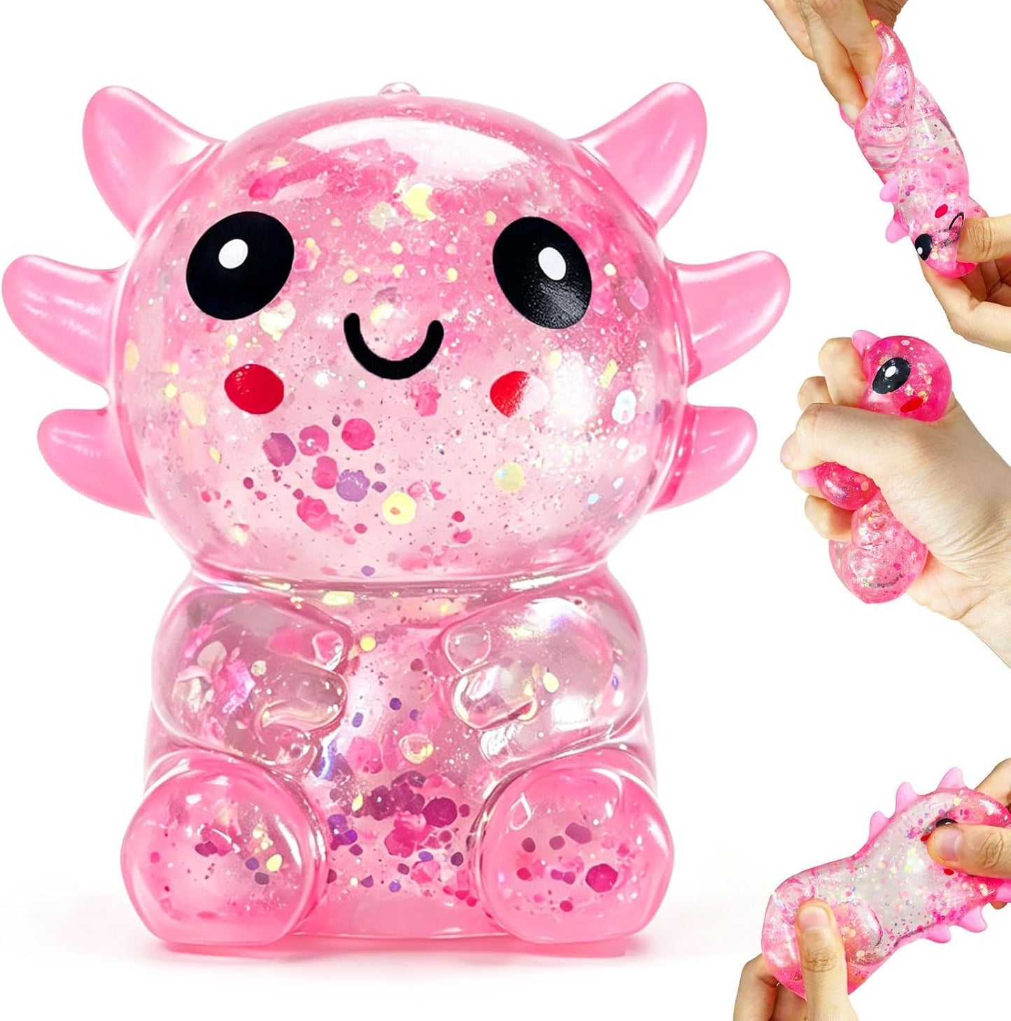 1PCS Glitter Axolotl Squishy, Slow Rising Squeeze Toy, Cute Axolotl Fidget Toy for Stress Relief, Calming Sensory Toy for Kids Adults, Party Favor Gifts (Pink)