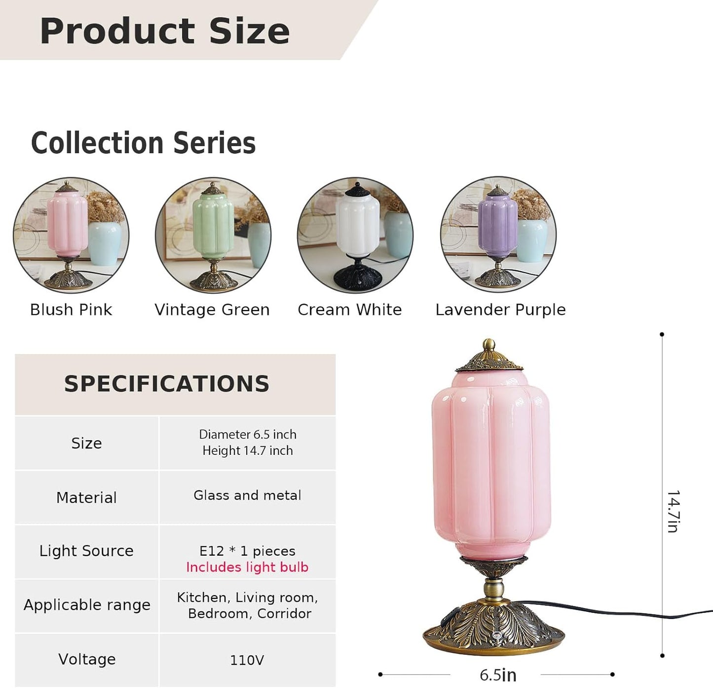 Vintage Touch Bedside Table Lamp, Elegant Green Glass Bedside Desk Lamp 3 Way Dimmable with USB C+A Charging Ports - Bedroom Nightstand & Living Room Essential (Pink, 6.5)