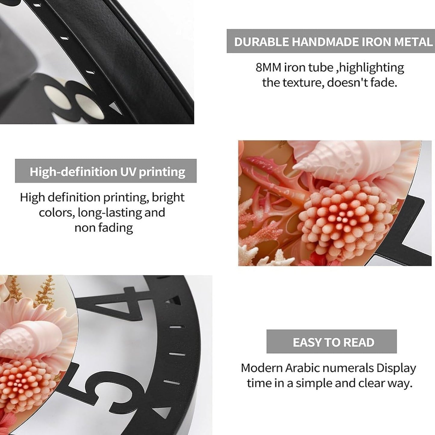 Metal Wall Clock for Living Room -10" Pink Coral Rose Seashell Arrangement Silent Non Ticking,Battery Operated, Antique Wood Clocks for Farmhouse,Dining Room,Bedroom,Kitchen Clock Wall Decor- Arabic N