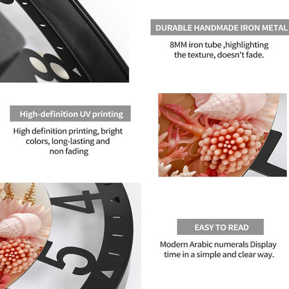 Metal Wall Clock for Living Room -10" Pink Coral Rose Seashell Arrangement Silent Non Ticking,Battery Operated, Antique Wood Clocks for Farmhouse,Dining Room,Bedroom,Kitchen Clock Wall Decor- Arabic N