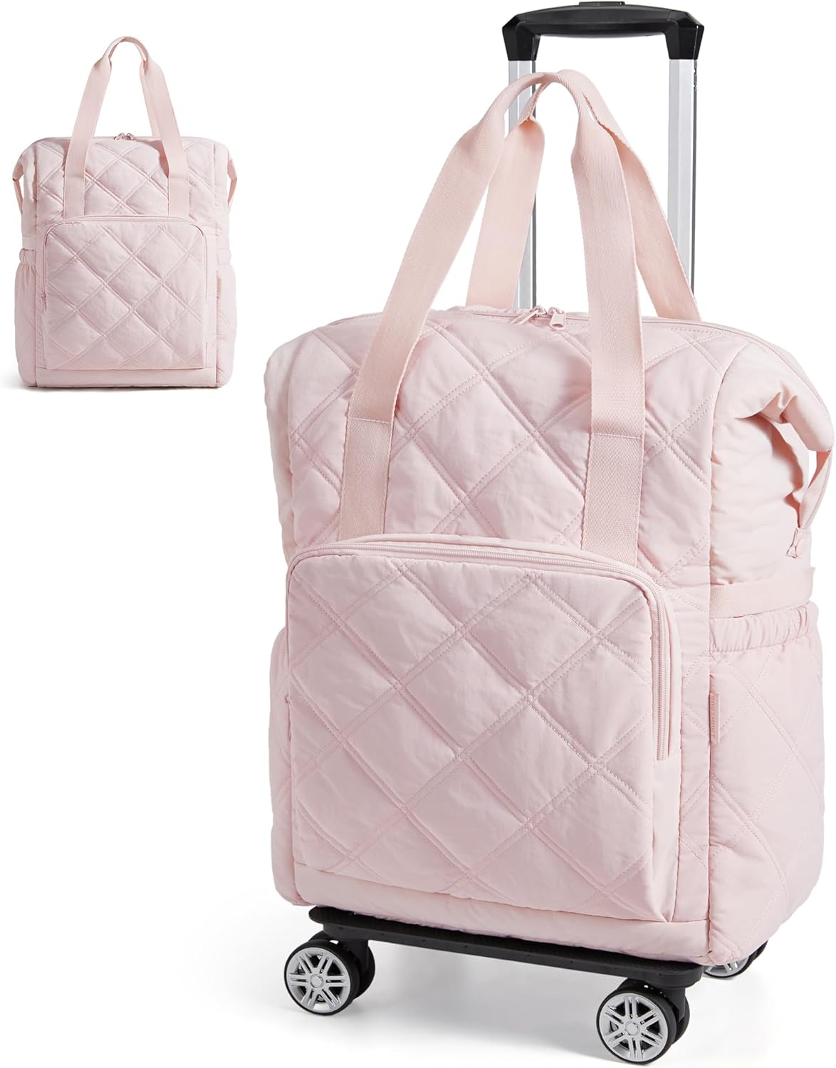 BAGSMART Rolling Duffle Bag with Wheels, 35L Carry on Travel Bag with Detachable Wheels, PVC Wet Pocket Duffel bag with Wheels, Baby Pink