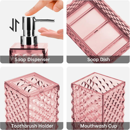 Bathroom Accessory Set, Grid Pattern 4 Pcs Plastic Bathroom Set Include Soap Dispenser, Soap Dish, Toothbrush Holder, Mousewash Cup, Modern Bahtroom Décor Set(Pink)