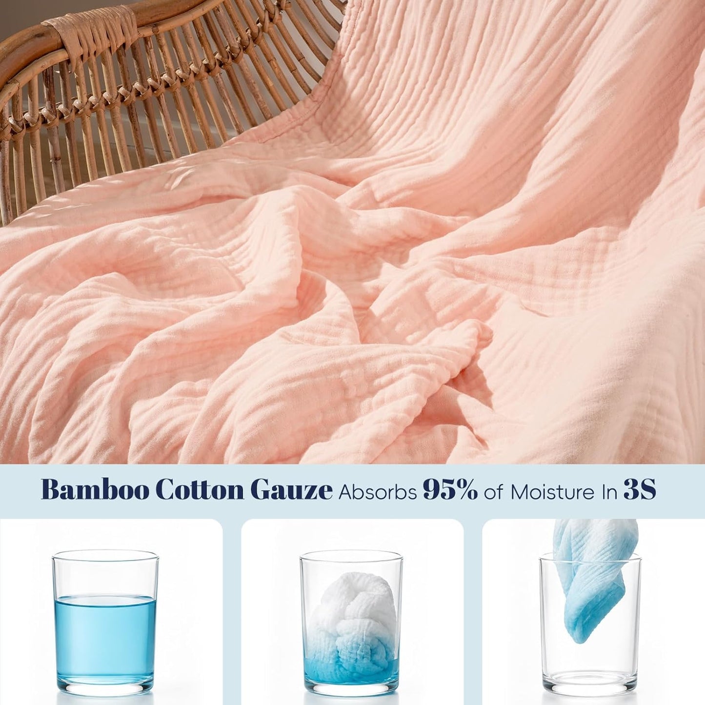 PHF Cooling Muslin Blanket King Size, Lightweight Gauze Blanket for Adults, 60% Rayon Derived from Bamboo & 40% Cotton for Summer, 4-Layer Soft Breathable for Hot Sleepers, 108"x90", Pink Rose