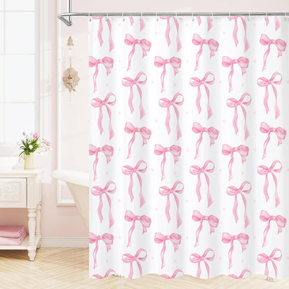 Litabel Cute Bow Shower Curtain, Pink Aesthetic Bowknot Shower Curtain for Bathroom, Modern Minimalist White Waterproof Fabric Shower Curtain Set, 72x72 Inch