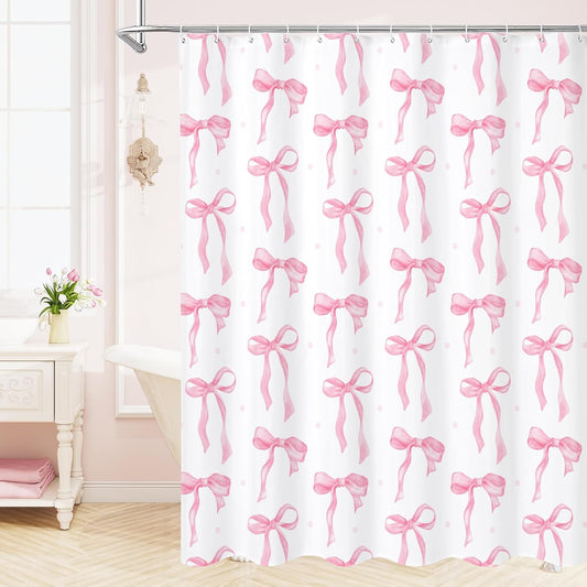 Litabel Cute Bow Shower Curtain, Pink Aesthetic Bowknot Shower Curtain for Bathroom, Modern Minimalist White Waterproof Fabric Shower Curtain Set, 72x72 Inch