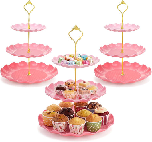 Novabright 3 Pack Pink Cupcake Stands, Round 3-Tier Gradient Serving Tray, Plastic Dessert Table Display Tower for Wedding Bridal Baby Shower Birthday Tea Party
