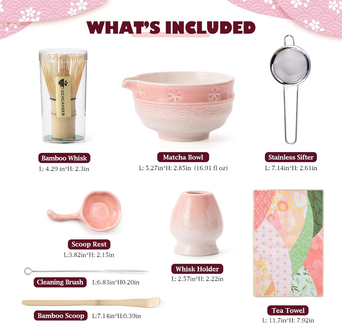 Matcha Tea Set, 8 Pcs Japanese Matcha Kit with Cherry Blossom and Wave Design Ceramic Bowl, Bamboo Whisk, Whisk Holder, Scoop, Sifter, Brush, Matcha Kit Set for Matcha Lovers (Pink Gradient)