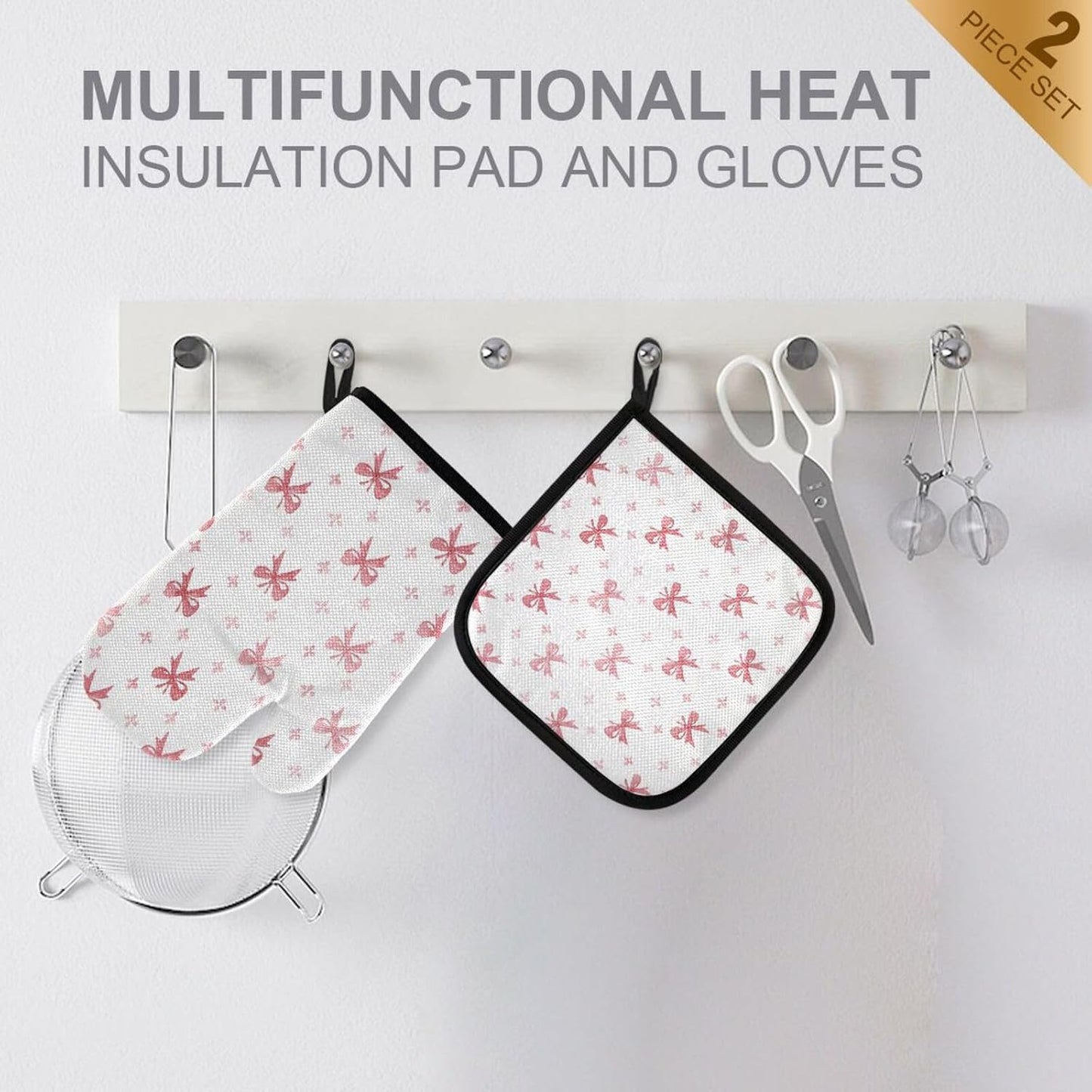 Light Pink Pastel Bows Oven Mitts and Pot Holders Set for Cooking Baking Kitchen Decor