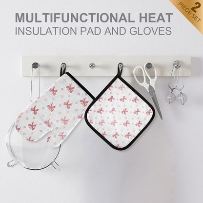 Light Pink Pastel Bows Oven Mitts and Pot Holders Set for Cooking Baking Kitchen Decor