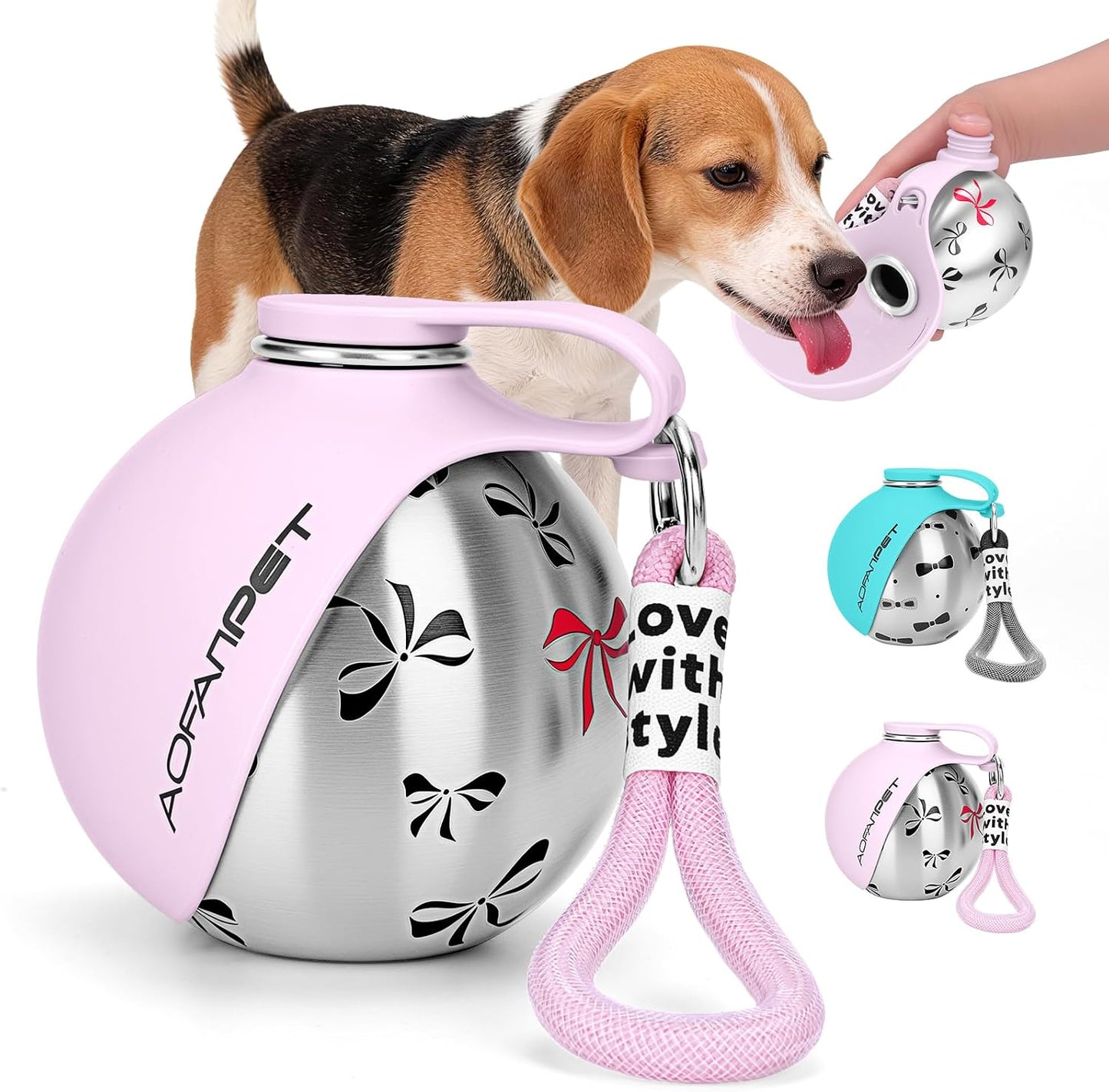 Portable Dog Water Bottle 10oz Stainless Steel Travel Dog Water Dispenser with Bowl No-Spill Puppy Water Bottle for Walking Hiking Small Dog Water Bottle (Pink Bow Print)
