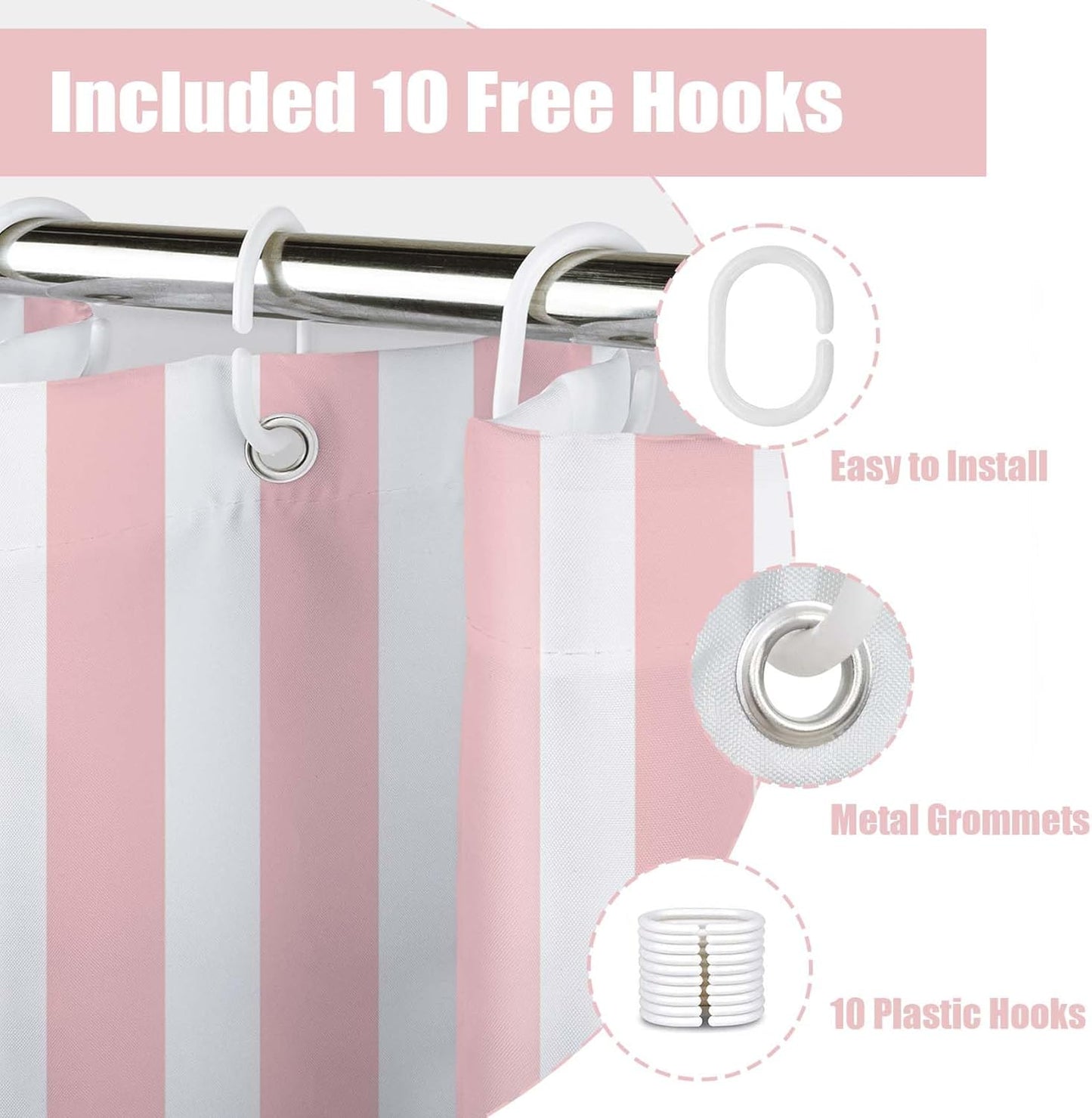MASLEK Pink and White Striped Shower Curtain for Bathroom, Modern Vertical Stripe Geometric Bathroom Decor Minimalist Aesthetics Bathroom Curtain with Hooks, 72W X 72L Inch