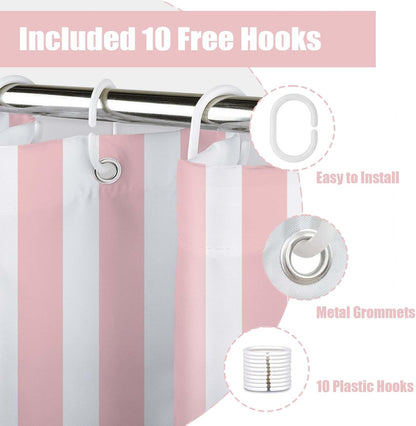 MASLEK Pink and White Striped Shower Curtain for Bathroom, Modern Vertical Stripe Geometric Bathroom Decor Minimalist Aesthetics Bathroom Curtain with Hooks, 72W X 72L Inch