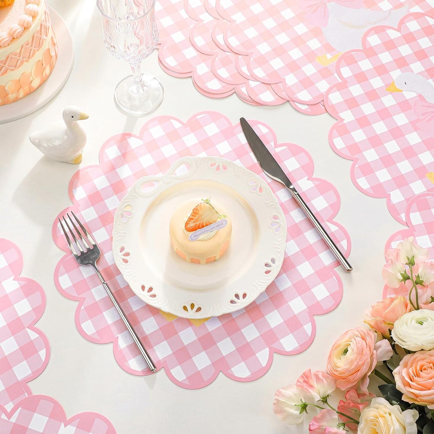 60 Pcs Gingham Placemat, 13.5 Inch Scalloped Paper PlaceMats Silly Goose Party Disposable Table Place Mats Decorative Paper for Baby Shower Gender Reveal Birthday Party(Pink)