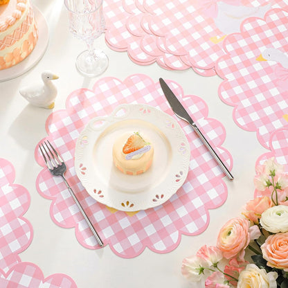 60 Pcs Gingham Placemat, 13.5 Inch Scalloped Paper PlaceMats Silly Goose Party Disposable Table Place Mats Decorative Paper for Baby Shower Gender Reveal Birthday Party(Pink)