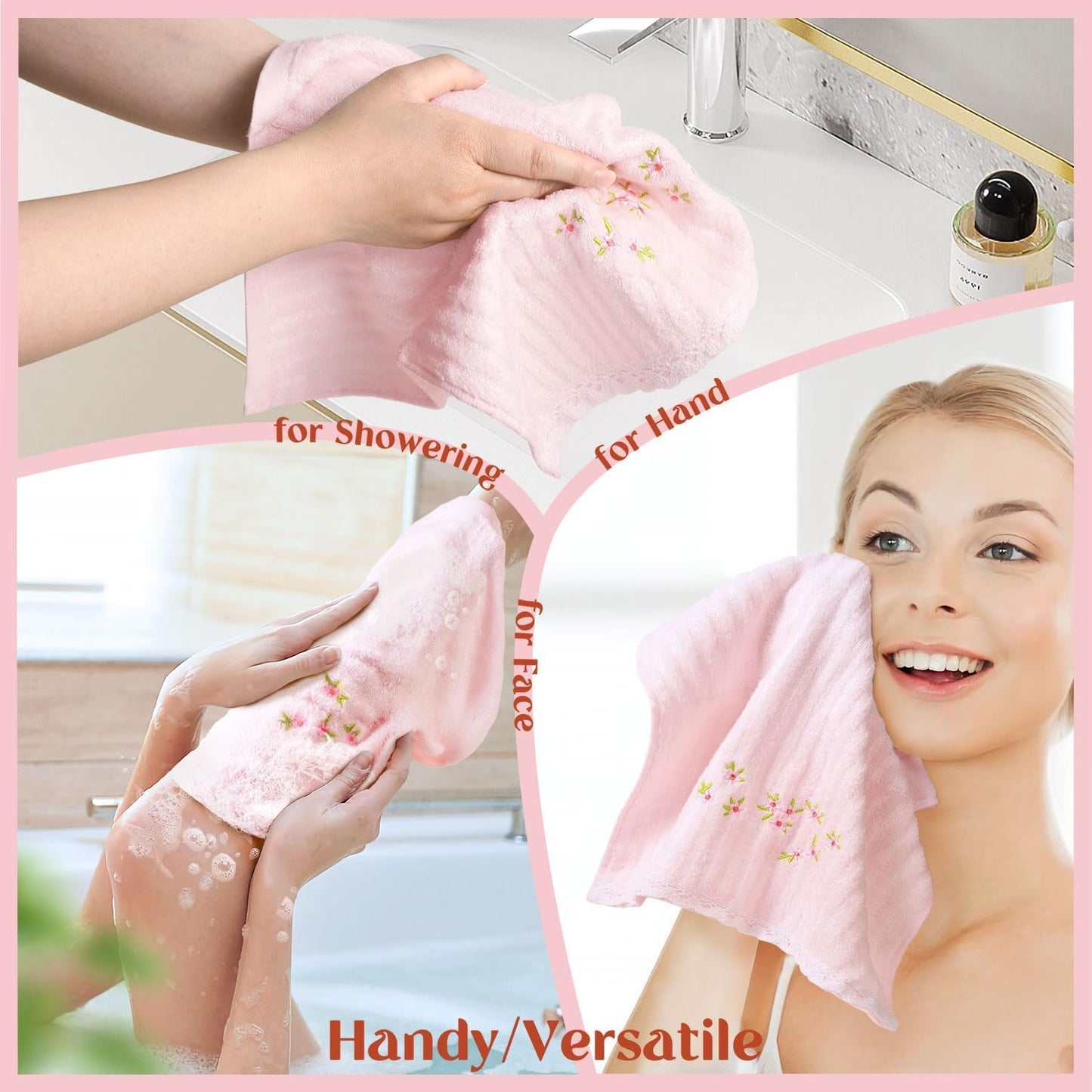 Jacquotha Pink Washcloths 4 Pack (Floral Embroidered), Soft Wash Cloths for Face, Body, Showering, Spa & Bathroom Decor, 13” x 13"