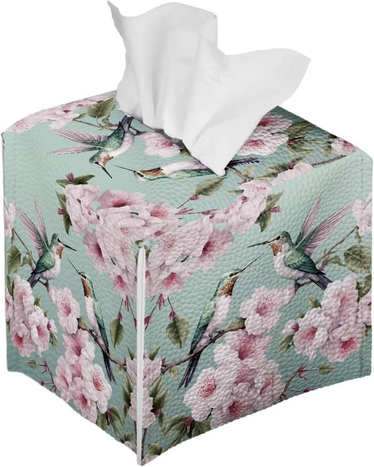 Lotusorchid Peach Blossom Tissue Box Cover, Hummingbird Print, Pink PU Leather, Square, Decorative