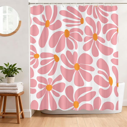 Pink Shower Curtain Set, Abstract Floral Bath Curtain, 72x72 Inches Waterproof Polyester Fabric, Durable Bathroom Decor with Hooks