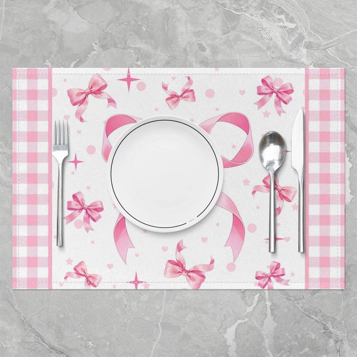 Feelyou Pink Bow Placemats Set of 4 12x18 Inch Plaid Table Mats for Party Kitchen Dining Decoration Holiday Seasonal Gird Bowknot Place Mat for Dinner Table Indoor Non-Slip Washable Coquette Decor
