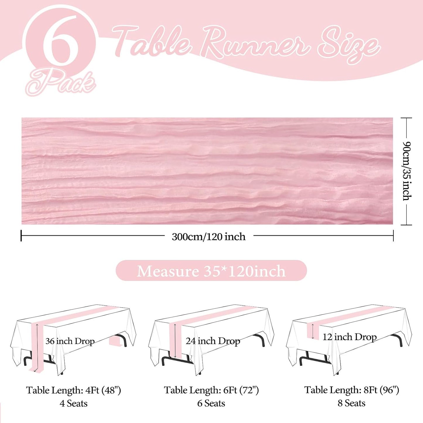 6 Pack Pink Cheesecloth Table Runner 35x120 Inch Gauze Rustic Boho Table Runner 10FT Cheese Cloth for Summer Wedding Decor Birthday Party Bridal Baby Shower Table Decoration