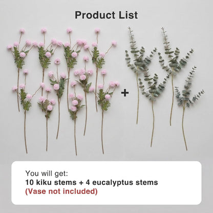 Fake Kiku Flowers for Tall Vase - 10 Silk Artificial Flowers Plus 4 Eucalyptus Branches, Realistic Chrysanthemum Ball with Stems, Spring Faux Floral for Home Decor Table Centerpieces, Pink