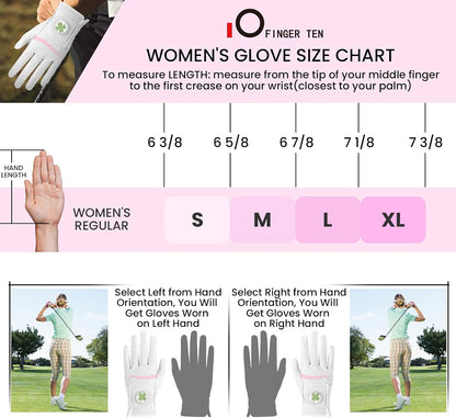 FINGER TEN Womens Golf Glove with Clover Ball Marker 1 Pack, All Weather Grip Microfiber & Leather Gloves for Ladies, Comfortable Breathable Fit for Left Hand or Right Hand in White Pink