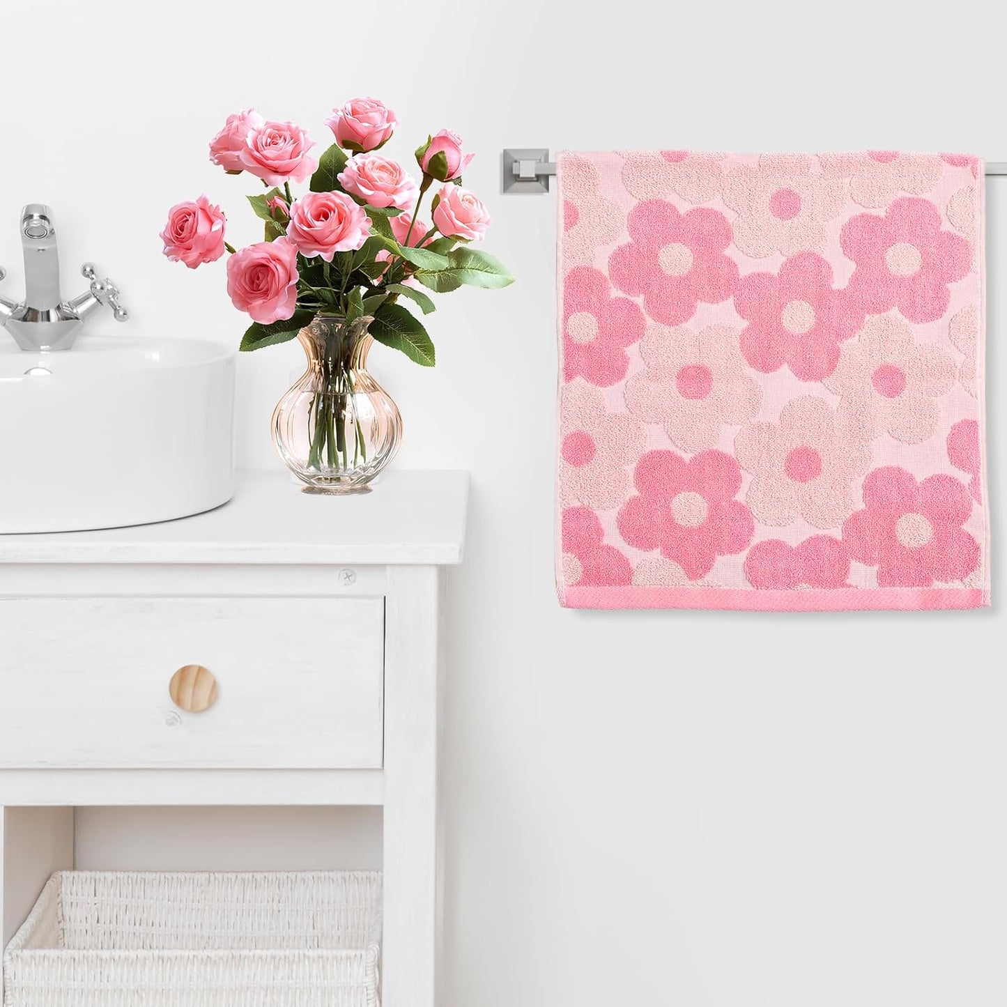 FYSUIMU 2 Pcs Pink Floral Hand Towels 3D Jacquard Cotton Bath Towel Spring Flower Absorbent Dish Towels for Housewarming Home Kitchen Bathroom Decor Gift Set, 29.5 x 13.7 Inch